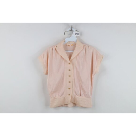 Vtg 50s Rockabilly Womens Medium Hollywood Regency Ribbed Button Shirt Pink USA - Picture 1 of 12